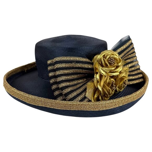 Mr. John Classic Accessories - Mr John Classic Church Hat Blue And Gold Floral Bow Embellishments Wide Brim
